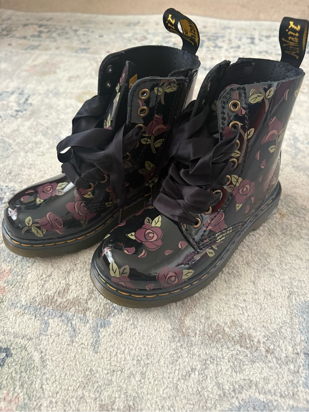 Dr. Martens Black Patent Floral Lace-Up Boots with Pink Roses